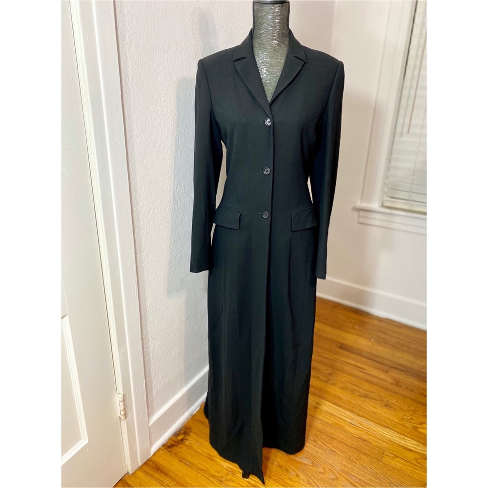 BCBG MaxAzria Black Fitted Floor Length Duster with 2 Waist Pockets Slit Sz 6